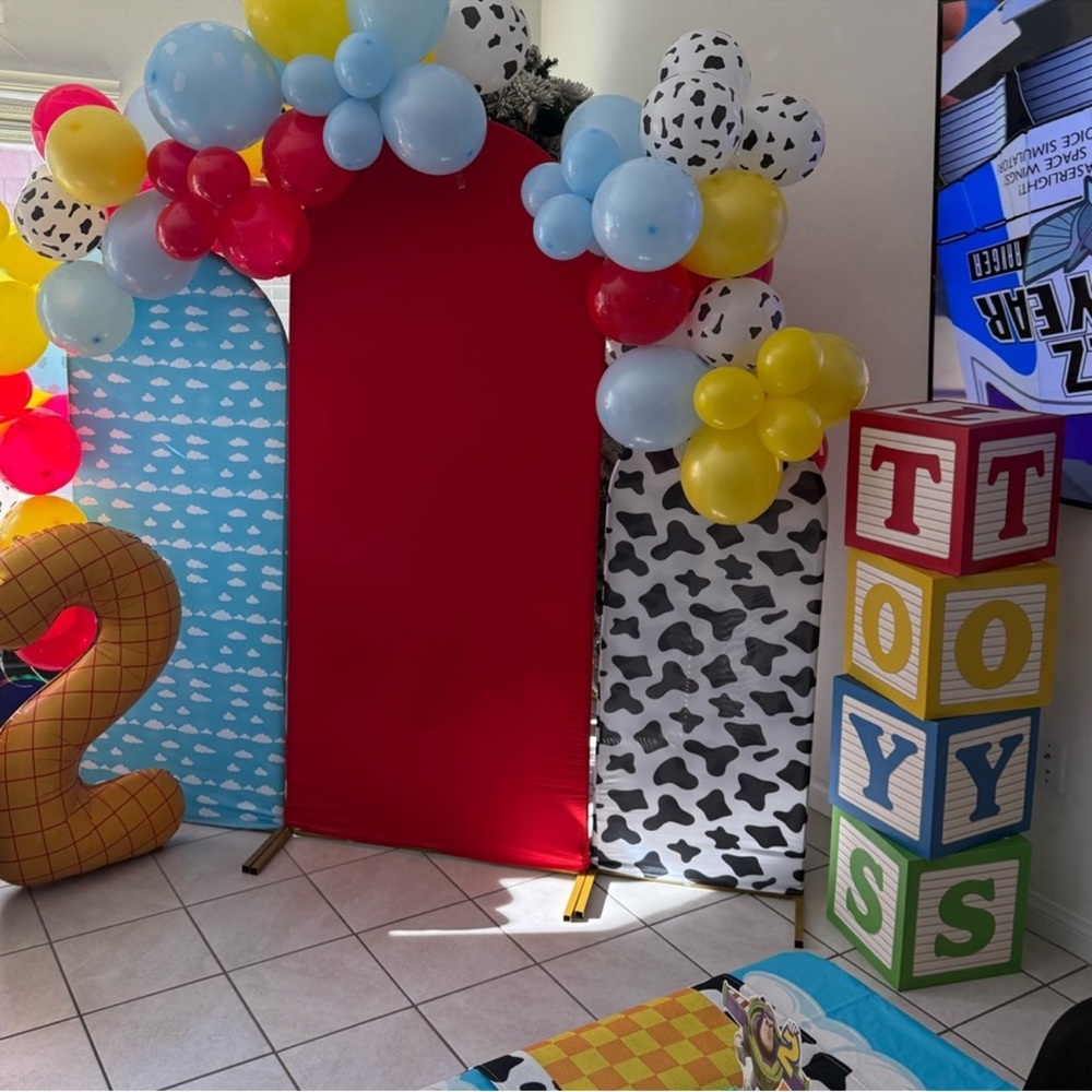 Bright Kids Party Backdrop with Balloon Arch - Red, Blue, Yellow